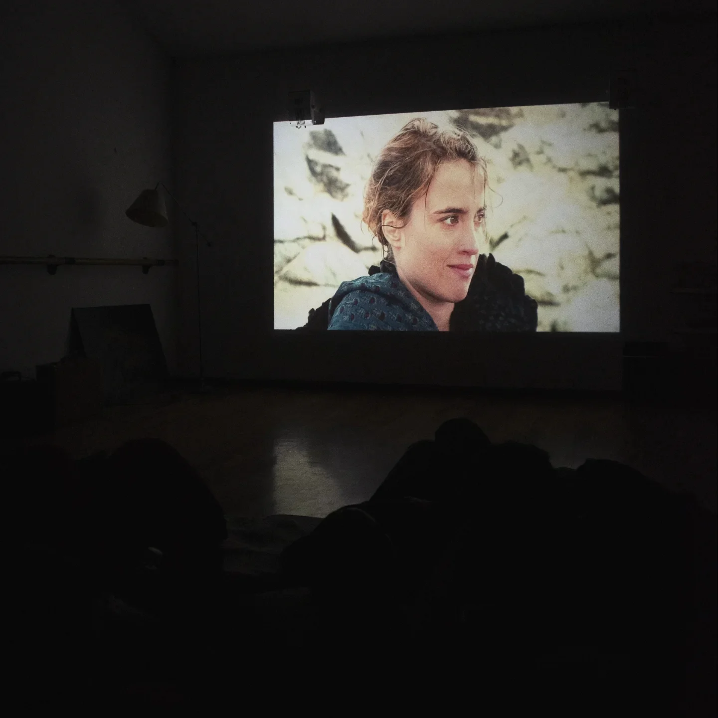 La película proyectada sobre la pared del taller, con las siluetas del público en primer plano y la sala entera a oscuras